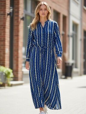 Antho The Odells Marjorie Geo Maxi Dress Long Sleeve Tie Waist in Blue Multi S